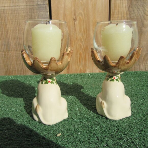 Set of 2 Vintage Fitz And Floyd Rudolph w/ Votive Candle Christmas Sets JAPAN - Picture 5 of 8